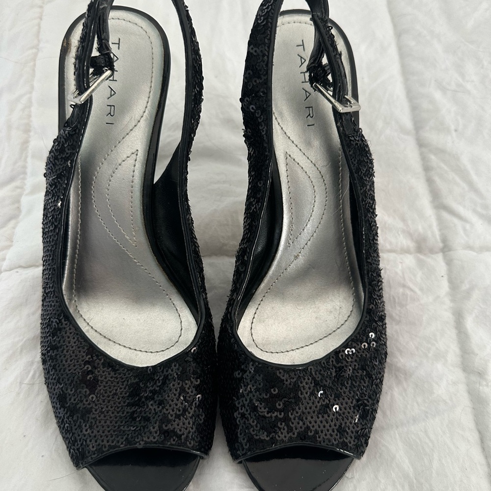 Tahari Black Sequin Slingback Heels